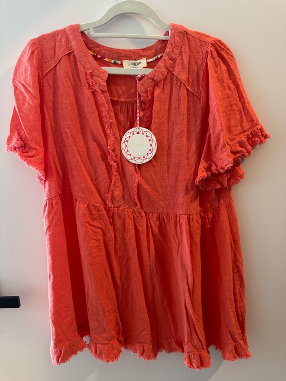Umgee Coral Red Short Sleeve Peasant Blouse